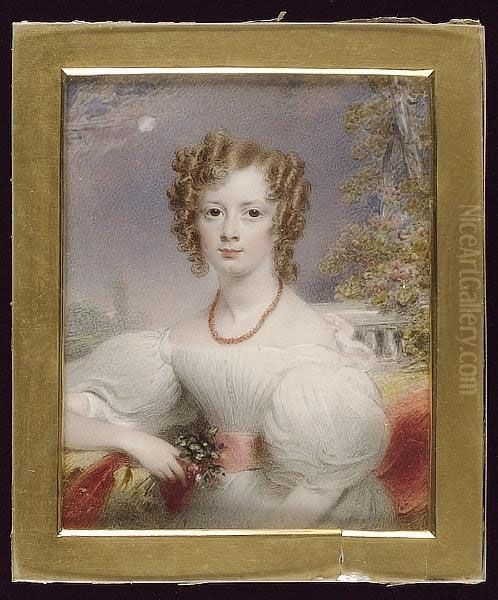 A Young Lady, Wearing White Dress With Large Puff Sleeves And Pink Waistband, Coral Necklace, A Bunch Of Flowers In Her Hand, Garden With Balustrade In The Background Oil Painting by Thomas Hargreaves