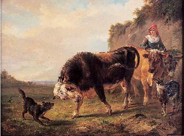 Chien Bravant Un Taureau Oil Painting by Johannes, Hari Jr.