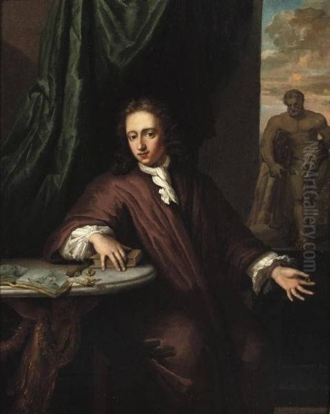 Portrait Of A Goldsmith, Three-quarter-length, Seated By A Table On A Draped Terrace, In A Brown Oil Painting by Daniel Haringh