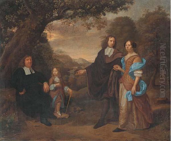 A Group Portrait Of A Family In A Wooded Landscape Oil Painting by Daniel Haringh