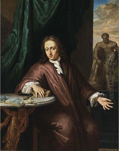 A Portrait Of A Young Goldsmith, Seated Three-quarter Length, Wearing A Brown Overcoat With A White Chemise, With Goldsmith's Attributes On The Table On The Left And An Antique Statue Of The 'hercules Farnese' In The Background Oil Painting by Daniel Haringh