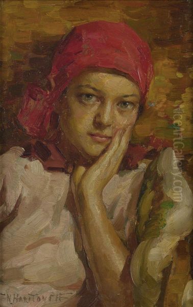 Portrait Of A Girl In A Red Scarf Oil Painting by Nicholas Basil Haritonoff