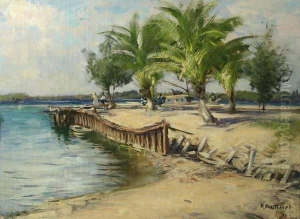 Beach Scene With Palm Trees And Boat Oil Painting by Nicholas Basil Haritonoff