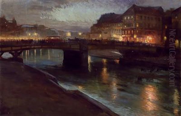 Abendstimmung Am Donau Canal Oil Painting by Richard Harlfinger