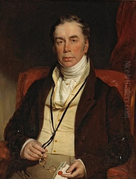 A Portrait Of A Gentleman, Half-length, Seated, In A Brown Coat And Holding His Pince-nez In One Hand And A Letter In The Other Oil Painting by George Henry Harlow