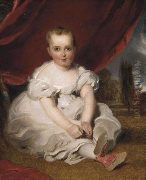 Portrait Of A Young Girl, Full-length, In A White Dress And Rose Shoes, Seated Before A Curtain, A Garden Beyond Oil Painting by George Henry Harlow