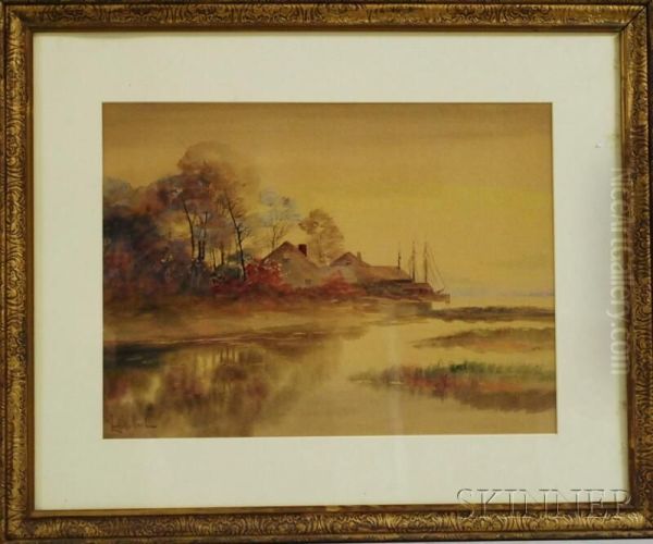 Coastal View With Houses And Three-masted Ship Oil Painting by Louis Kinney Harlow