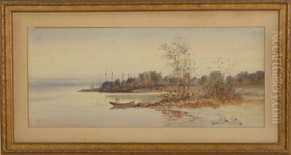 Panoramic Coastal Landscape With Moored Vessel In A Cove Oil Painting by Louis Kinney Harlow