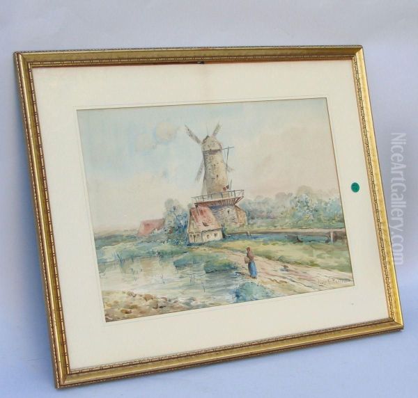 Landscape With A Woman Walking Toward A Windmill Oil Painting by Louis Kinney Harlow