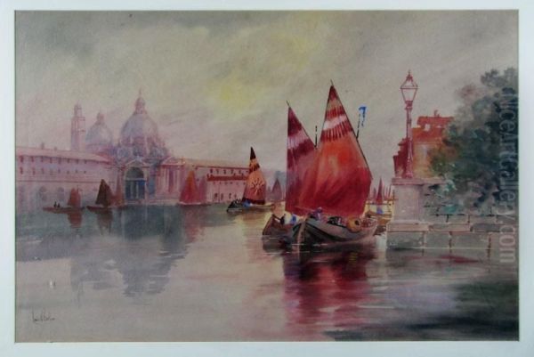 Venetian Canal Scene With Boats Oil Painting by Louis Kinney Harlow