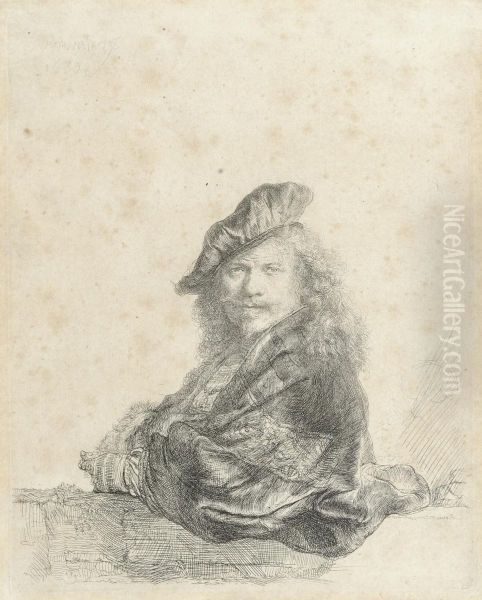 Self Portrait Of The Artist Leaning On A Stone Sill Oil Painting by Rembrandt Van Rijn