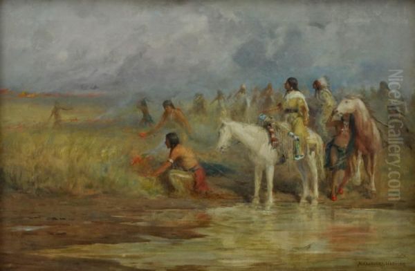 Sioux Indians Lighting Back Fires Oil Painting by Alexander F. Harmer