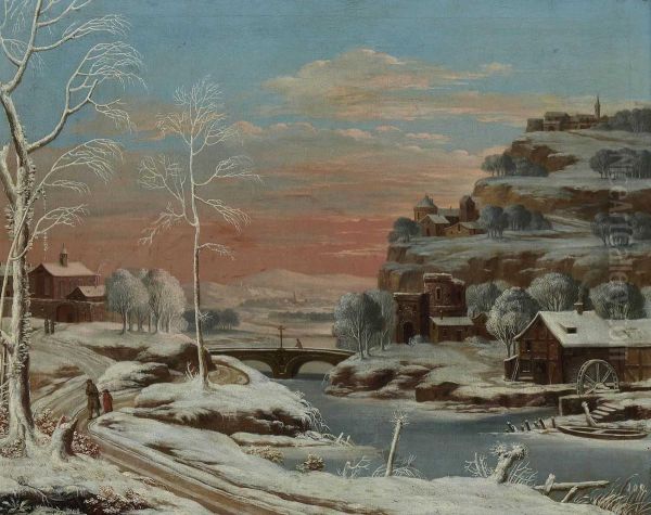 Winterliche Flusslandschaft. Oil Painting by Anton Friedrich Harms