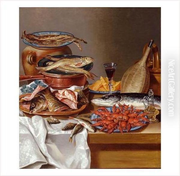 Nature-morte De Poissons Et Plat D'ecrevisses Oil Painting by Anton Friedrich Harms