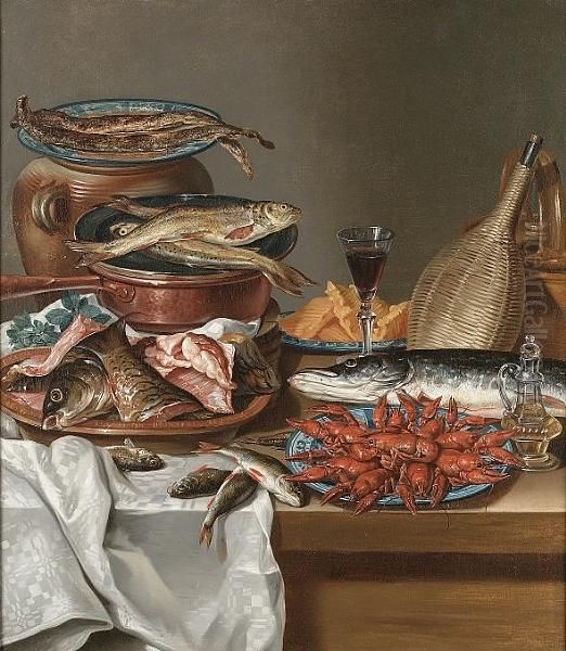 A Still Life Of A Plate Of Herrings On An Urn, Trout On A Copper Saucepan, A Dish Of Filleted Fish, A Bottle And A Glass Of Wine, A Salmon, Baby Lobsters On A Plate And A Bottle Of Olive Oil On A Table Draped With A White Cloth Oil Painting by Anton Friedrich Harms