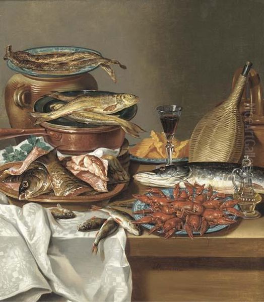 A Plate Of Herring On An Urn, A Plate Of Trout On A Copper Saucepan, A Dish Of Filleted Fish, A Bottle And A Glass Of Wine, A Salmon, A Plate Of Baby Lobsters And A Bottle Of Olive Oil On A Draped Table Oil Painting by Anton Friedrich Harms