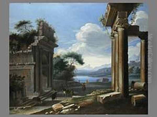 Tiefe Landschaft Mit Architektur Und Reitern Oil Painting by Johann Oswald Harms