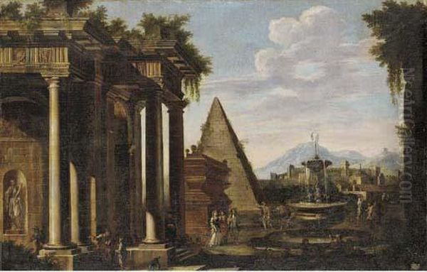 A Capriccio Of Classical Ruins With Figures Around A Fountain Oil Painting by Johann Oswald Harms