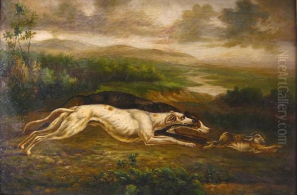 Hunt Scene With Dogs Chasing Arabbit Oil Painting by M. Harnett