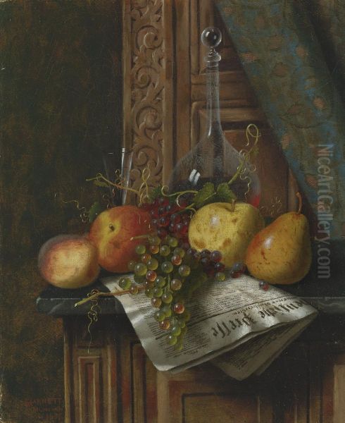 Still Life With Munich Newspaper, Fruit And Decanter Oil Painting by William Michael Harnett