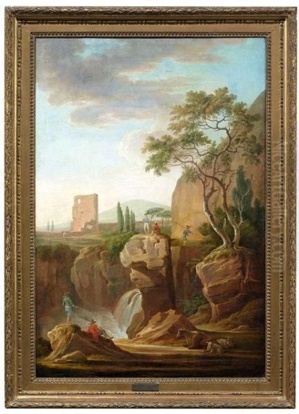 Figuren An Einem Wasserfall Mit Ausblick Auf Hugelige Campagnalandschaft Mit Romischen Ruinen Oil Painting by Adolf Friedrich Harper