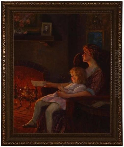 Mother And Daughter Sitting Before A Fire Oil Painting by Frank Robert Harper