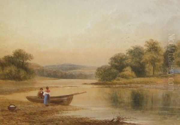 River Landscape With Figures By Rowing Boat In Foreground Oil Painting by Thomas Harper