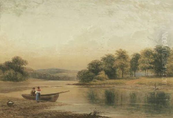 Extensive Landscape With A Lake And Figures Oil Painting by Thomas Harper