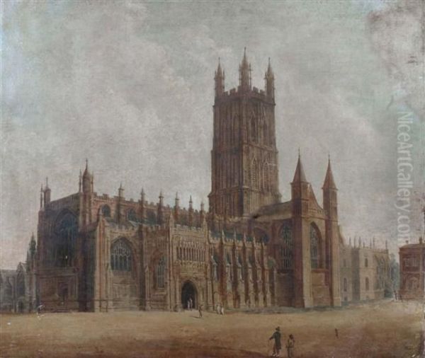 Gloucester Cathedral With Figures In The Foreground Oil Painting by Richard Bankes Harraden