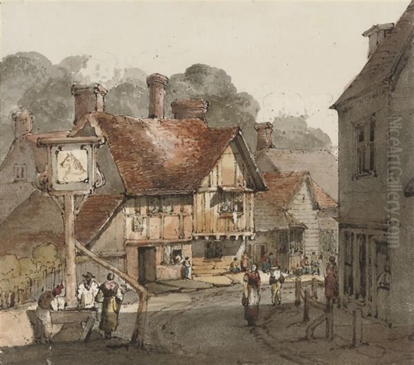 Figures Outside A Country Inn Oil Painting by William Henry Harriott