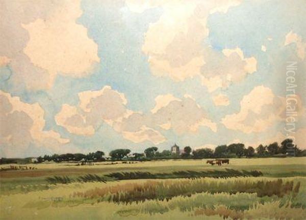 Pastoral With Distant Cattle And Church Oil Painting by Edwin Harris