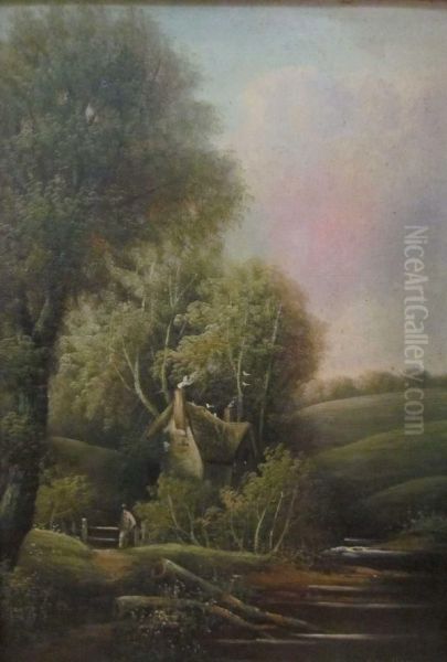 Figure Before A Woodland Cottage Oil Painting by George Harris