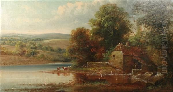 Cattle On Theriver Beside A Watermill Oil Painting by George Harris