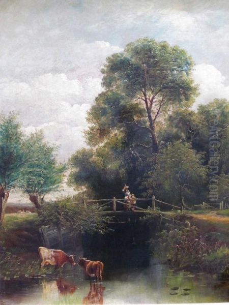 Harris Figures And Cattleby A Country Stream Oil Painting by Henry Harris