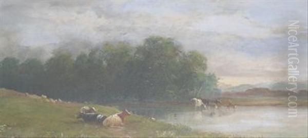 Cattle Watering At Dusk Oil Painting by Henry Harris