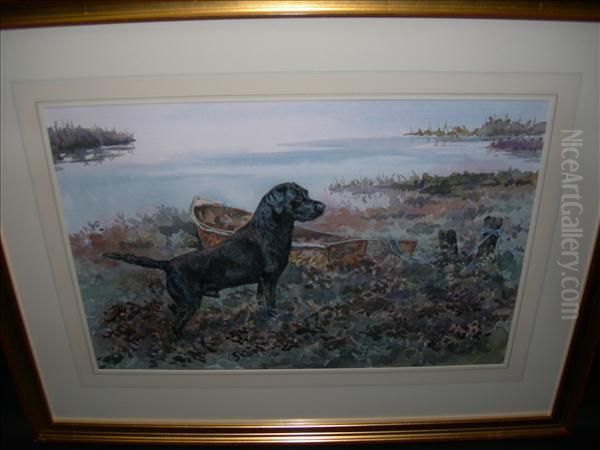 A Blacklabrador On The Banks Of An Estuary Oil Painting by Kate Harris