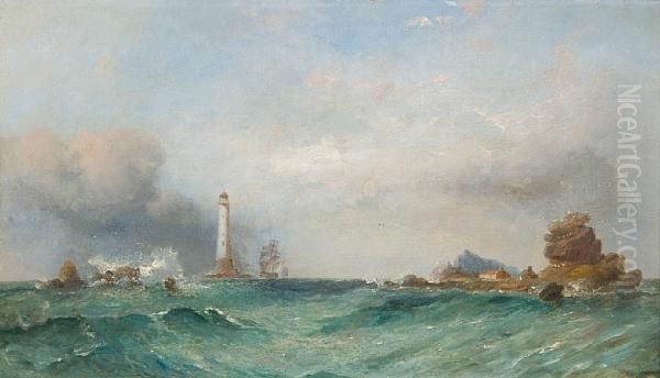 Lighthouse Off A Rocky Island With Shippingvisible In Distance Oil Painting by James Harris of Swansea