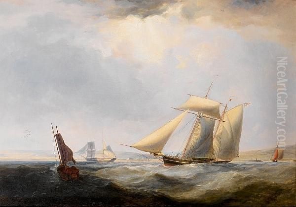 A Topsail Schooner Off Swansea, With A Small Trader Emerging From The Harbour Entrance Oil Painting by James Harris of Swansea