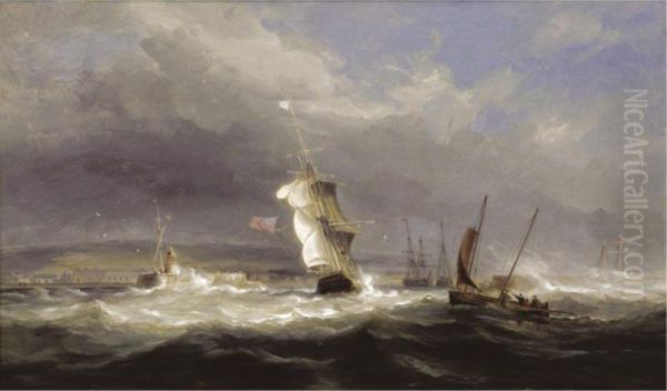 Shipping In A Squall Off Swansea Harbour Oil Painting by James Harris of Swansea