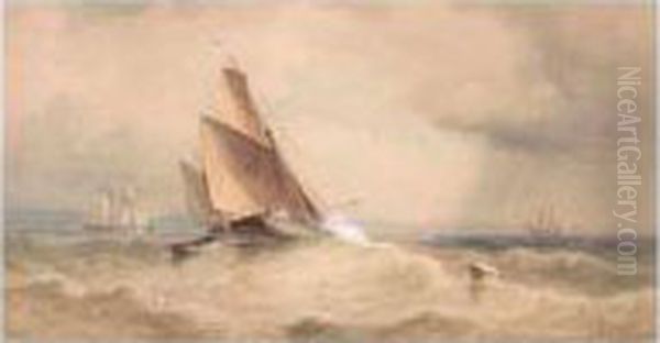 Sailing Boat In Stormy Seas Oil Painting by James Harris of Swansea