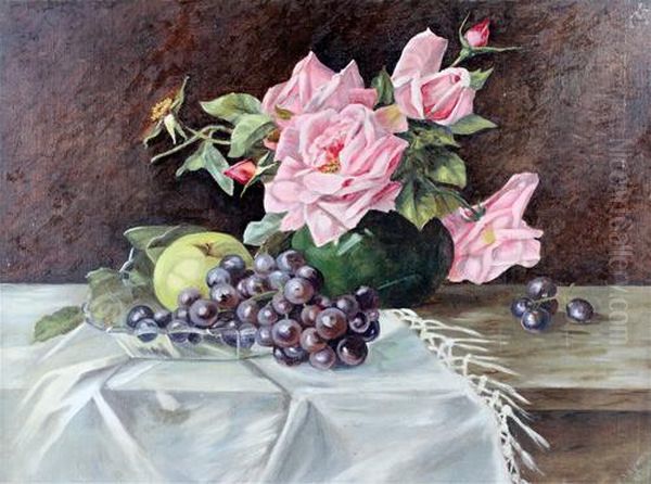 Roses And Grapes On A Table Oil Painting by Violet Harris