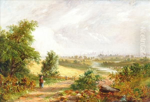 An Extensivelandscape With A Town Beyond Oil Painting by William E. Harris