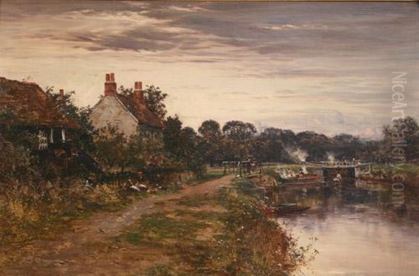 View Of A Canal And Lock On The River Thames Oil Painting by William E. Harris