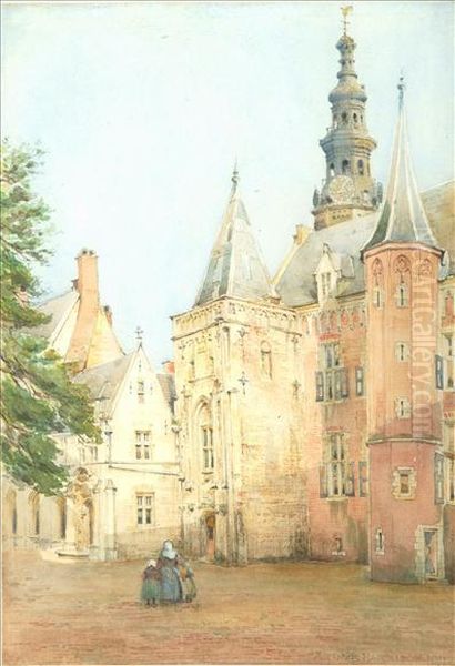 Figures Outside A Grand Building Oil Painting by Arthur Harrison