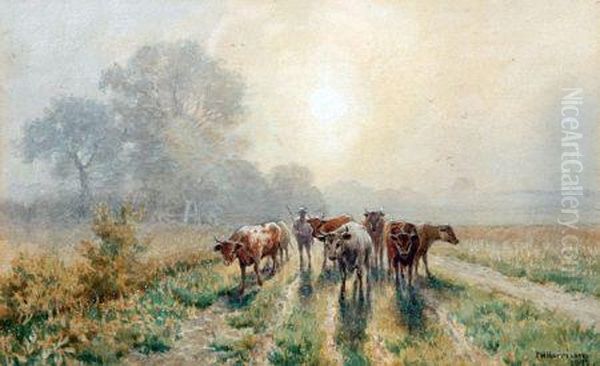 Cattle On Grazing Meadow Oil Painting by Charles Harmony Harrison