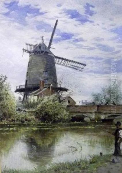 Angler On A Riverbank With Mill Beyond Oil Painting by Charles Harmony Harrison