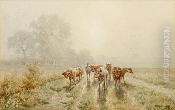 Meadow Landscape With Cattle And Drover Oil Painting by Charles Harmony Harrison