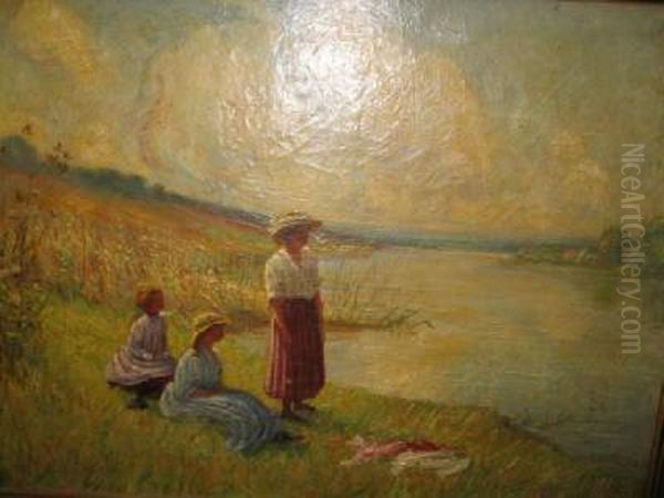 Three Ladies By A Lake Oil Painting by Gabriel Harrison