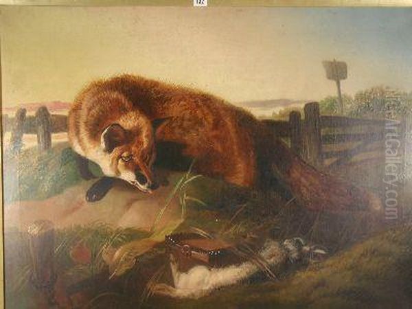 Fox On A Dune With A Trapped Rabbit Oil Painting by Walter Harrowing