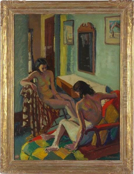 Women In An Interior Oil Painting by Robert Bartholow Harshe